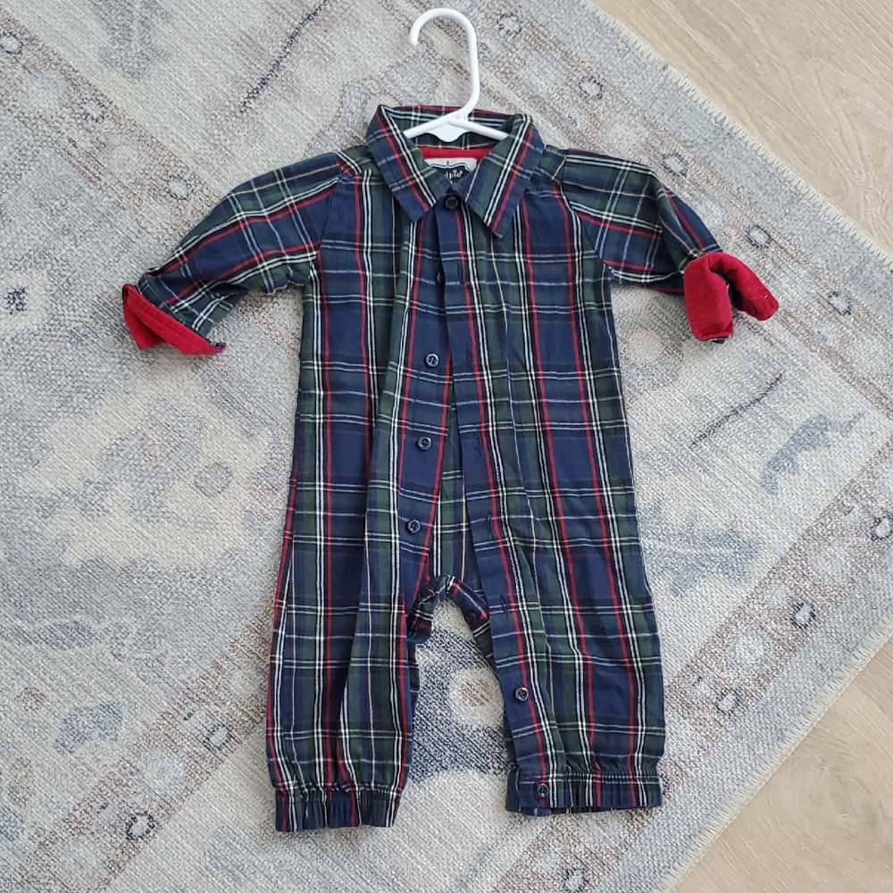 Mud Pie Baby Boy Preppy Plaid Romper Elbow Patches Sz0-3m